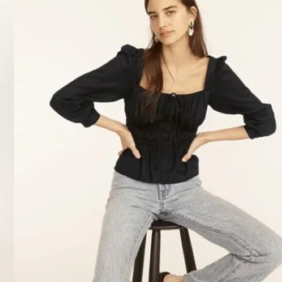JCrew Cinched Waist Top in Herringbone Cotton - Black - size 6 - NWT - Picture 1 of 8